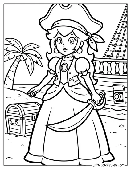 Princess Peach Dressed As A Pirate Holding A Sword Coloring Page