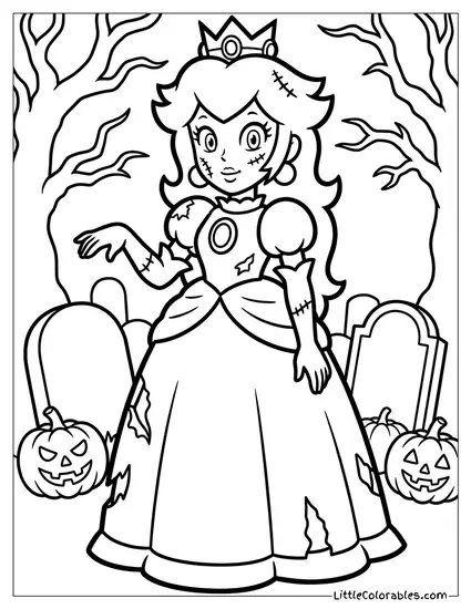 Princess Peach Dressed As A Zombie Coloring Page