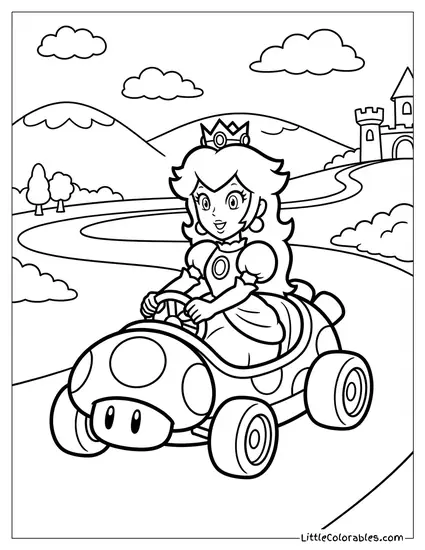 Princess Peach Driving Her Pink Kart Coloring Page