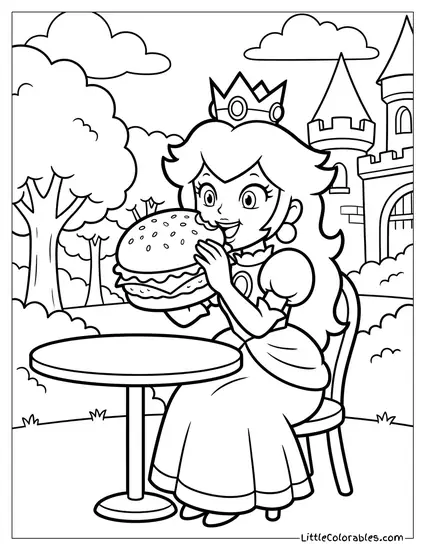 Princess Peach Eating A Giant Hamburger Coloring Page