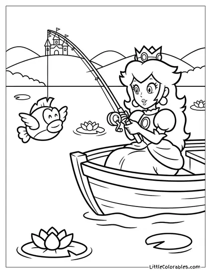 Princess Peach Fishing And Catching A Cheep Cheep Coloring Page