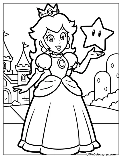 Princess Peach Holding A Power Star Coloring Page