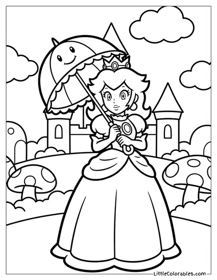 Princess Peach Holding Perry The Parasol Coloring Page