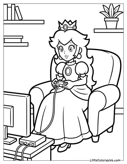 Princess Peach Playing Video Games On A Console Coloring Page