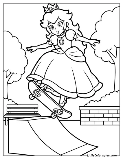 Princess Peach Skateboarding Doing A Trick Coloring Page