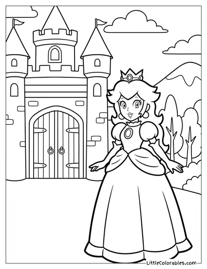 Princess Peach Standing In Front Of Her Castle Coloring Page