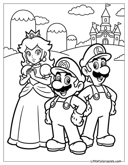 Princess Peach Standing With Mario And Luigi Coloring Page