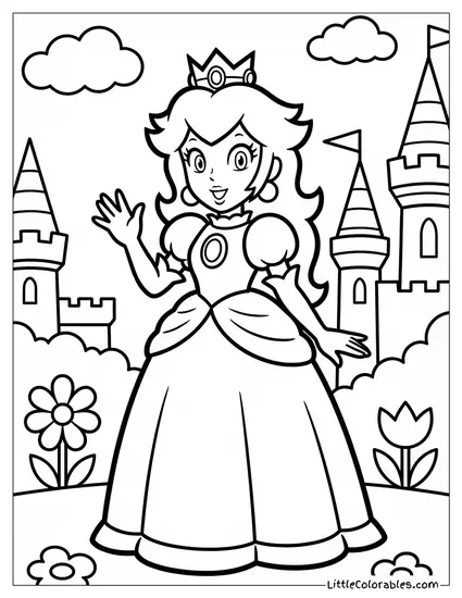 Princess Peach Waving Happily Coloring Page