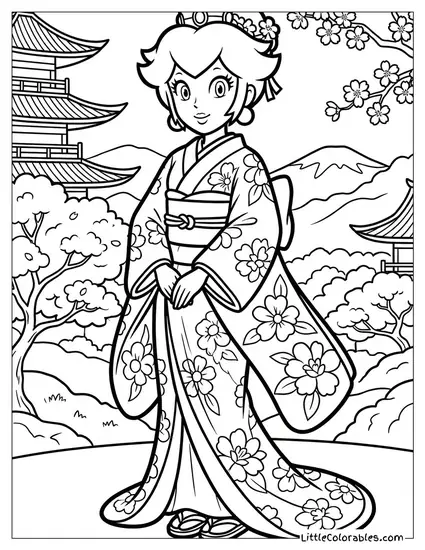Princess Peach Wearing A Kimono Coloring Page