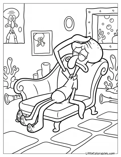 Squidward Dramatically Fainting Onto a Sofa Coloring Page