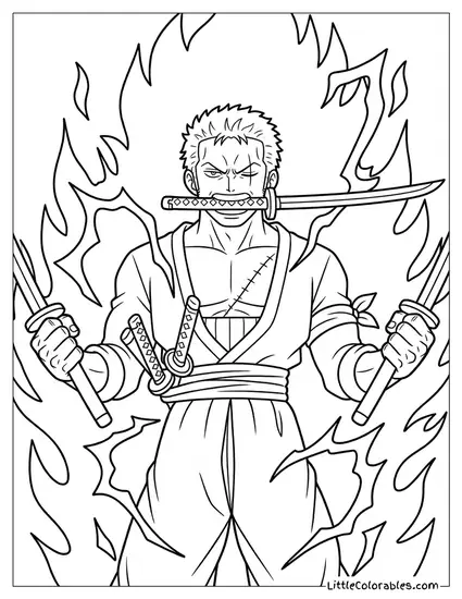 Roronoa Zoro Holding Three Swords with Flames Coloring Page