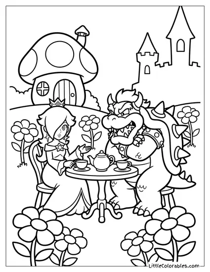 Rosalina Having A Tea Party With Bowser Coloring Page