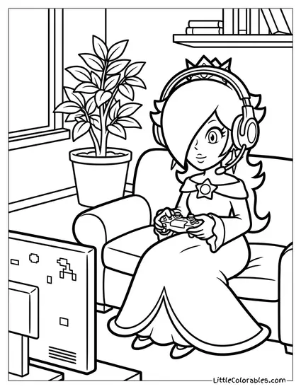 Rosalina Playing Video Games With A Headset Coloring Page