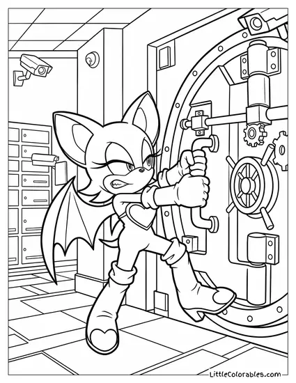 Rouge the Bat Cracking a Safe Open Coloring Page