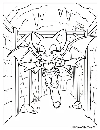Rouge the Bat Flying Through a Cave Entrance Coloring Page