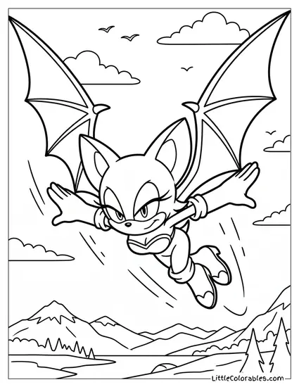 Rouge the Bat Gliding Through the Sky with Wings Spread Coloring Page