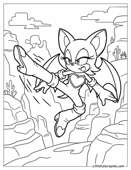 Rouge the Bat Performing a Midair Kick Coloring Page