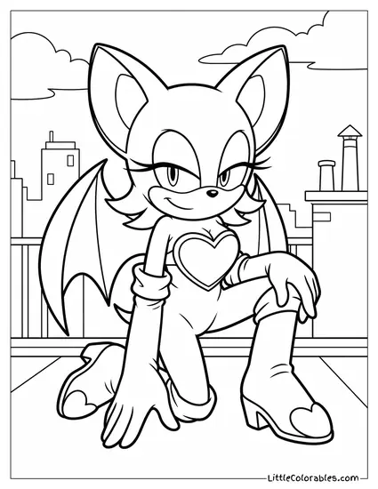 Rouge the Bat Posing Confidently on a Rooftop Coloring Page
