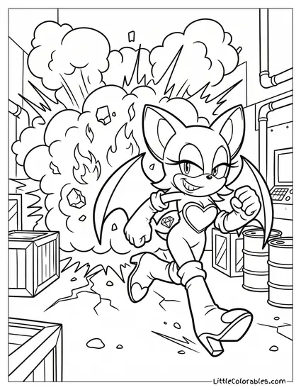 Rouge the Bat Running Away from a Big Explosion Coloring Page