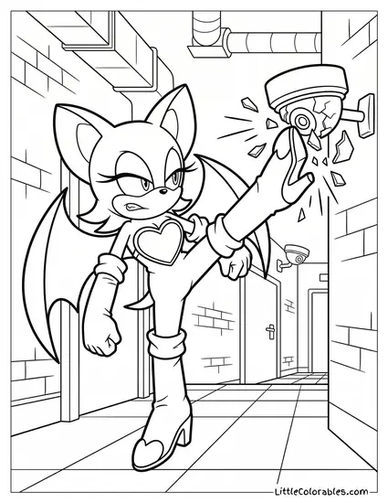 Rouge the Bat Smashing a Security Camera Coloring Page