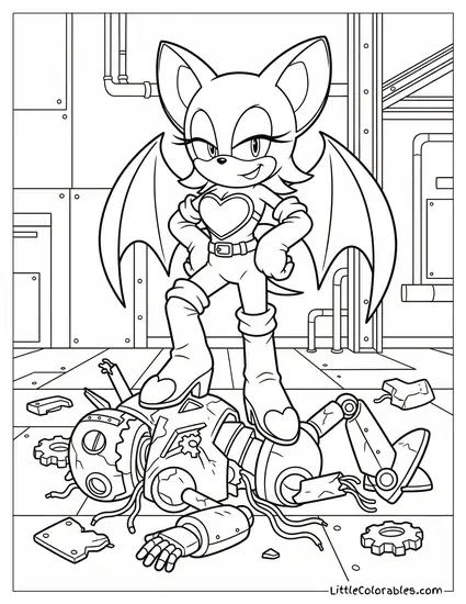 Rouge the Bat Standing Victorious on Broken Robots Coloring Page