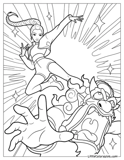 Rumi Kicking a Demon in Air Coloring Page