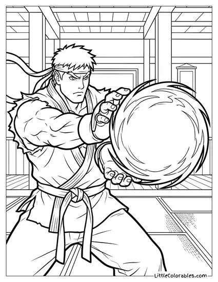 Ryu from Street Fighter Thrusting His Hands Forward to Blast a Glowing Hadouken Fireball Coloring Page