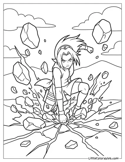Sakura Punching the Ground with Rocks Flying Coloring Page