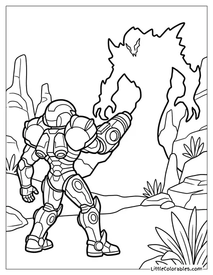 Samus Aran in Her Power Suit Aiming an Arm Cannon Toward a Looming Alien Shadow Coloring Page