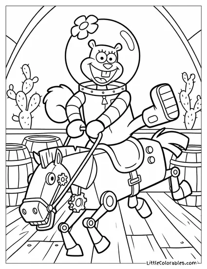 Sandy Cheeks Aggressively Riding Mechanical Bronco Coloring Page