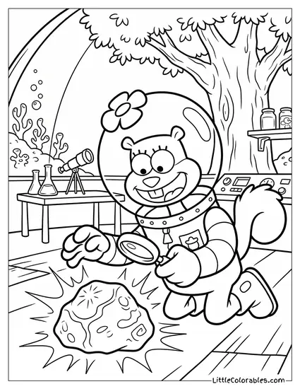 Sandy Cheeks Carefully Inspecting Glowing Rock Coloring Page