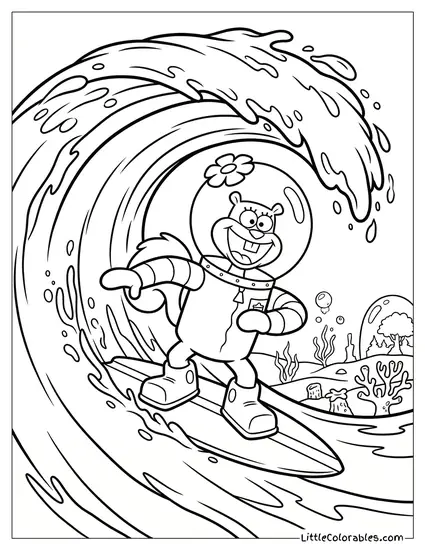 Sandy Cheeks Enthusiastically Surfing Massive Wave Coloring Page