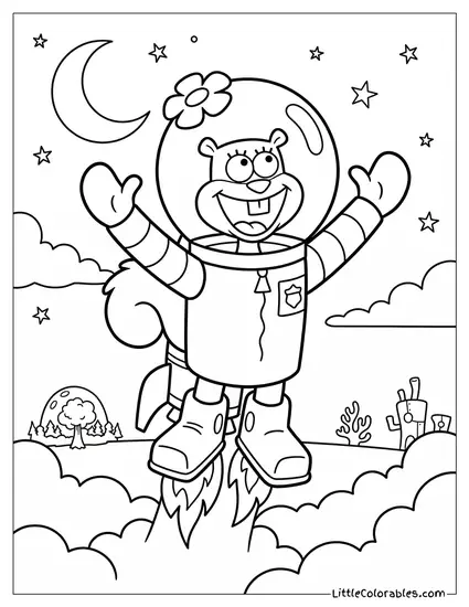 Sandy Cheeks Excitedly Launching Into Space Coloring Page