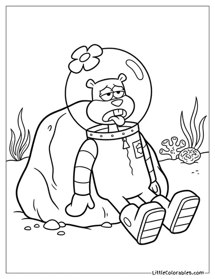 Sandy Cheeks Exhausted Resting On Rock Coloring Page