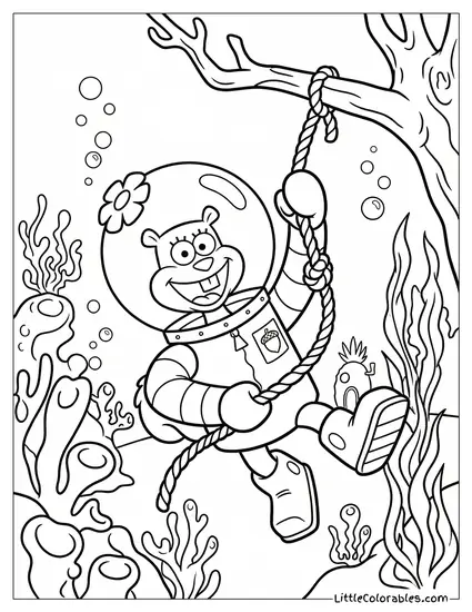 Sandy Cheeks Gracefully Swinging From Rope Coloring Page