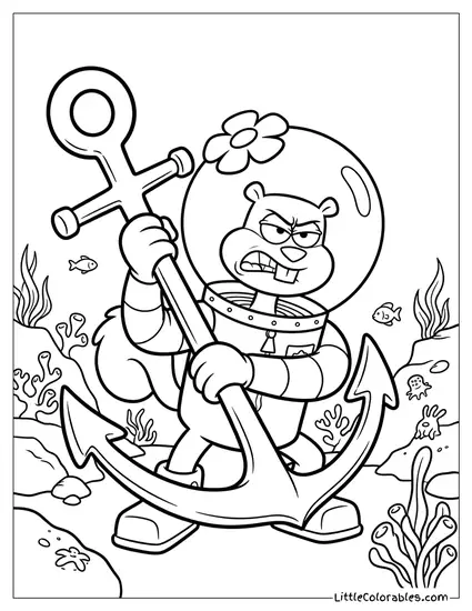 Sandy Cheeks Lifting Massive Steel Anchor Coloring Page