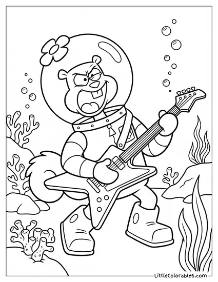 Sandy Cheeks Passionately Playing Electric Guitar Coloring Page