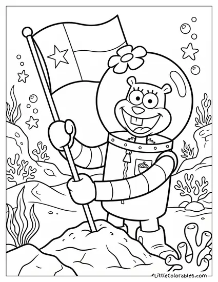 Sandy Cheeks Proudly Planting Texas Flag Coloring Page