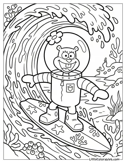 Sandy Cheeks Riding Massive Surfboard Coloring Page