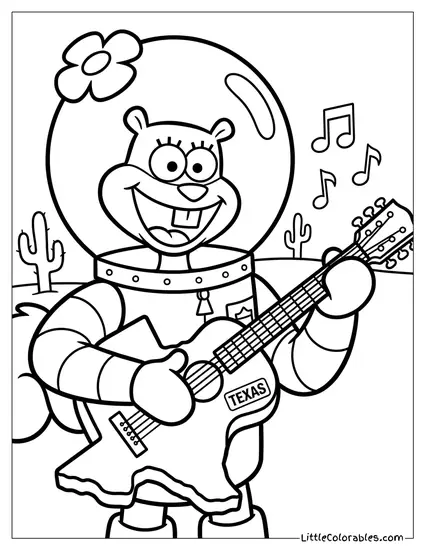 Sandy Cheeks Strumming A Texas Guitar Coloring Page