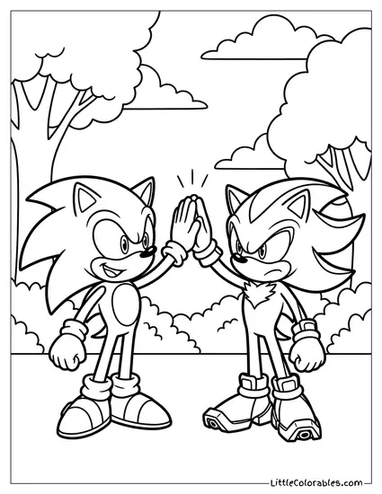 Shadow High Fiving Sonic Reluctantly Coloring Page