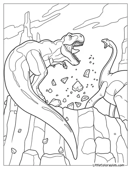 Sharptooth Roaring At Longneck With Flying Rocks Coloring Page