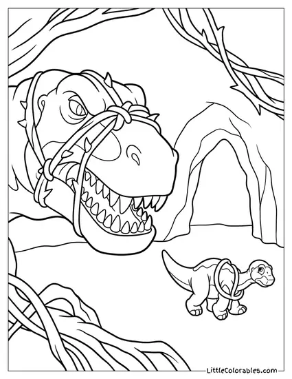 Sharptooth Snarling and Littlefoot Caught In Vines Coloring Page
