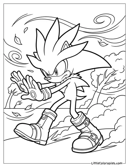 Silver the Hedgehog Bracing Himself Against a Powerful Windstorm Coloring Page