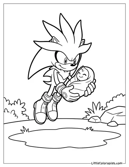 Silver the Hedgehog Gently Lowering a Rescued Baby to the Ground Coloring Page