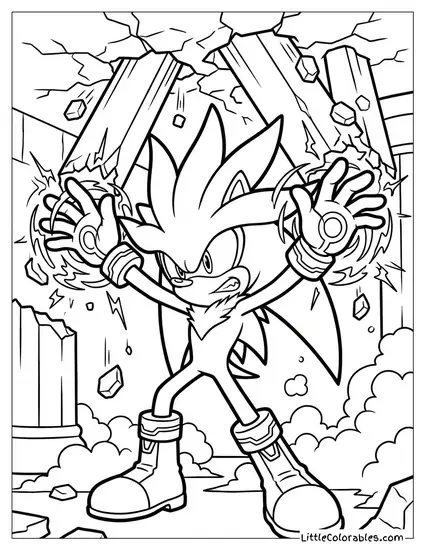 Silver the Hedgehog Holding Back a Collapsing Ceiling Coloring Page