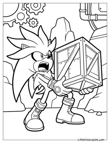 Silver the Hedgehog Preparing to Throw a Heavy Metal Crate Coloring Page