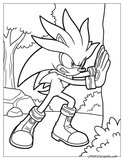 Silver the Hedgehog Pushing a Heavy Invisible Barrier Coloring Page