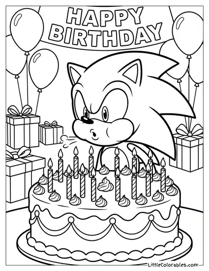 Sonic Blowing Out Candles on a Birthday Cake Coloring Page