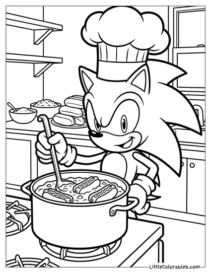 Sonic Cooking Hot Dogs Soup in a Chef Hat Coloring Page
